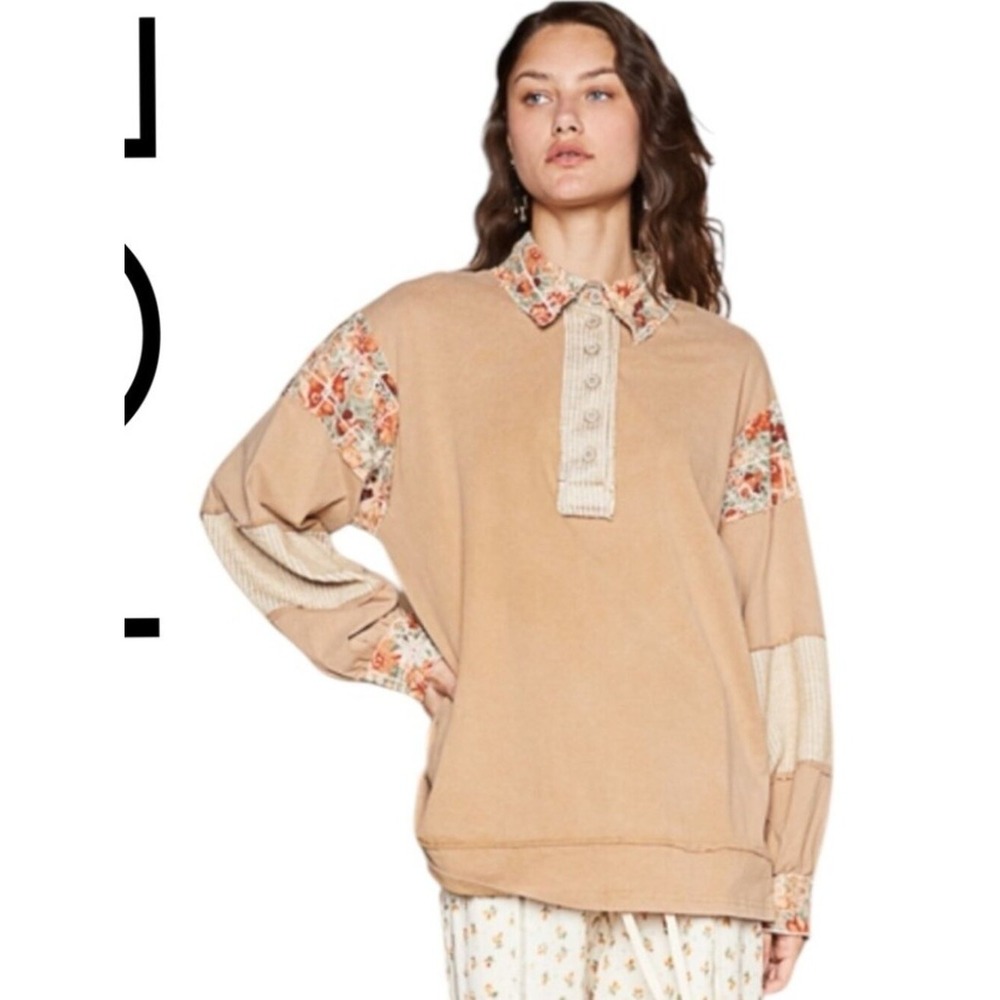 POL Deep Mustard Cotton Long Sleeve Half Button Up Floral Pullover Blouse L NWT